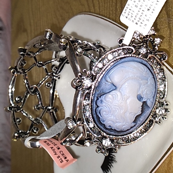 Blue Cameo Austrian Crystal Cuff Bracelet Magnet Pin Necklace Broach Silver - Picture 3 of 9